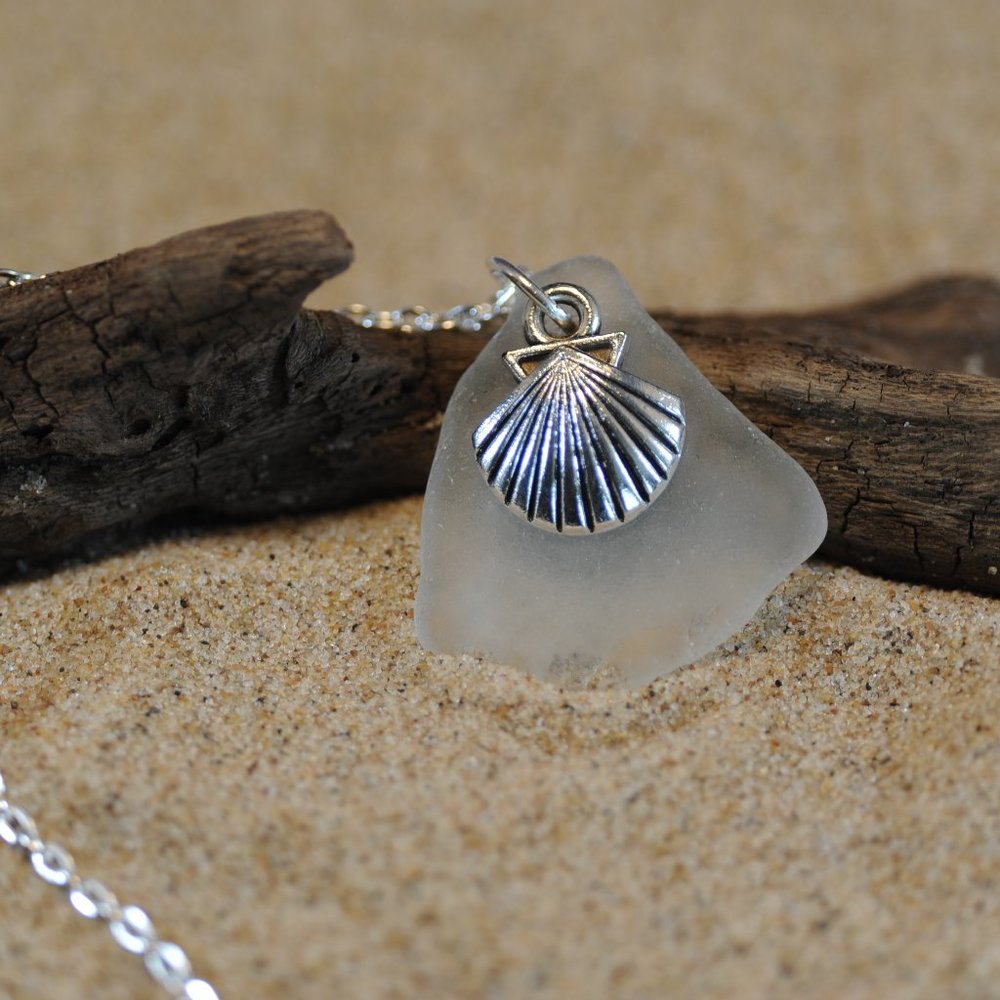 Clear Seashell Sea Glass Pendant Necklace